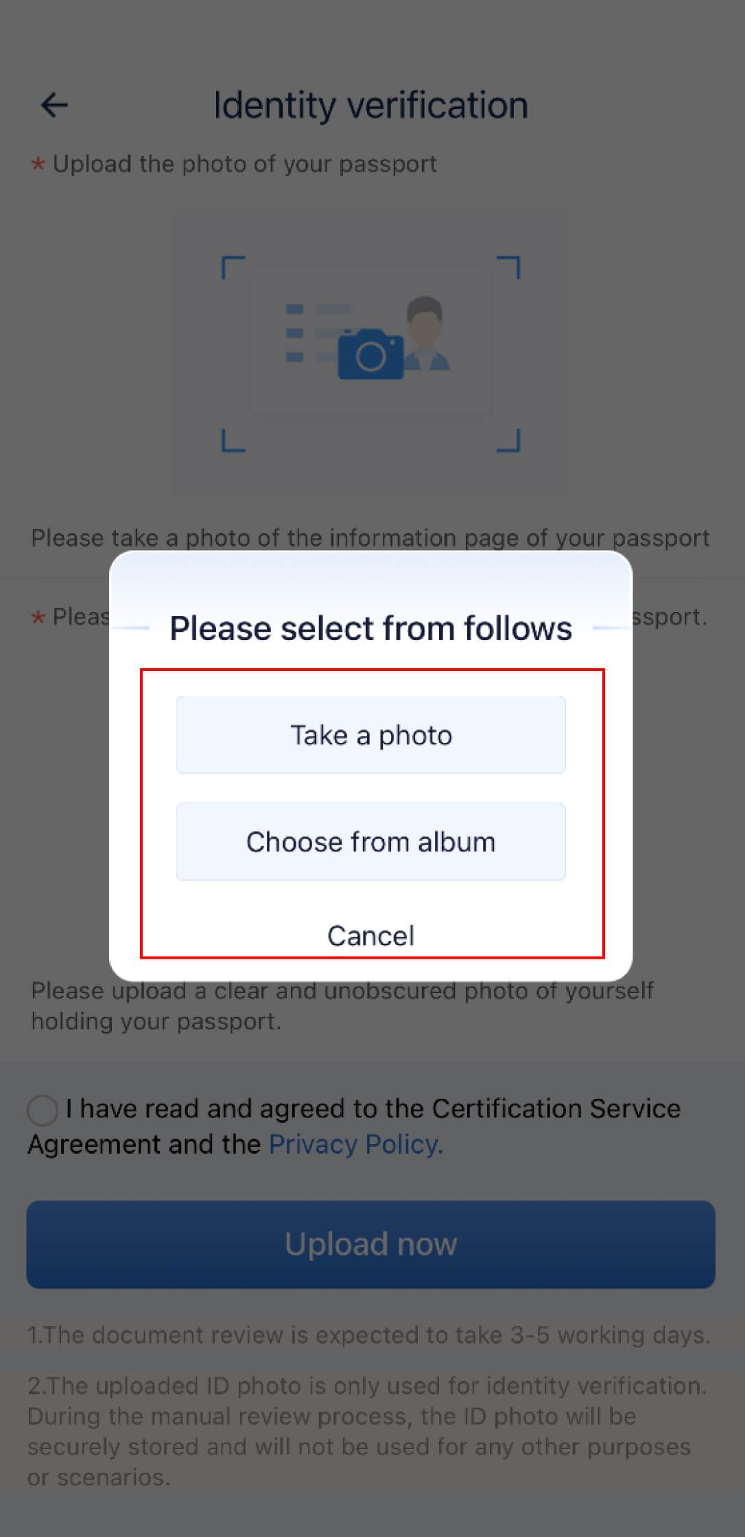 Upload photo of self with passport