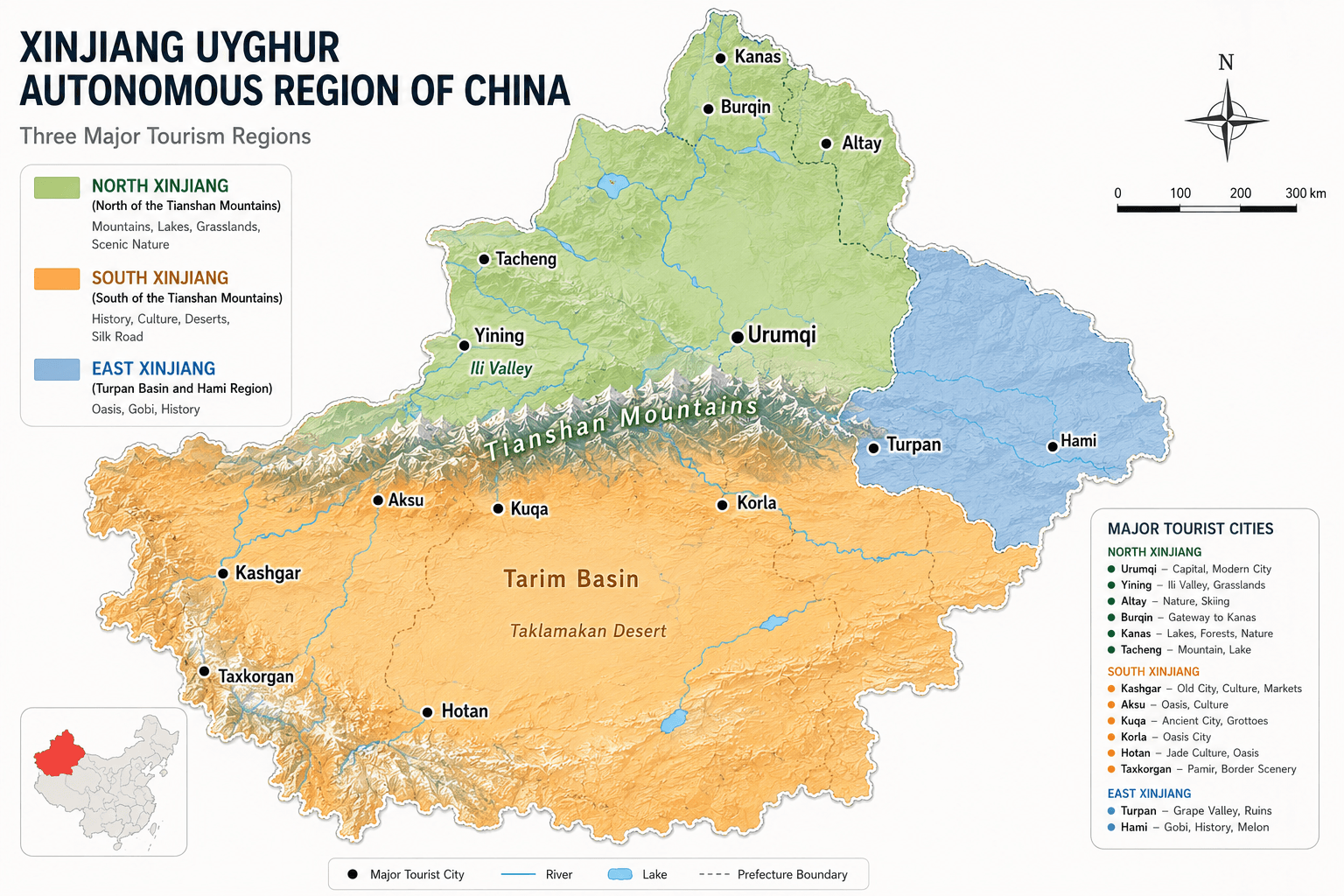 Xinjiang travel map showing North Xinjiang, South Xinjiang, Urumqi, Kanas, Hemu, Sayram Lake, Yili, Duku Highway, Kashgar, Tashkurgan, Pamir, Kuqa, and Turpan